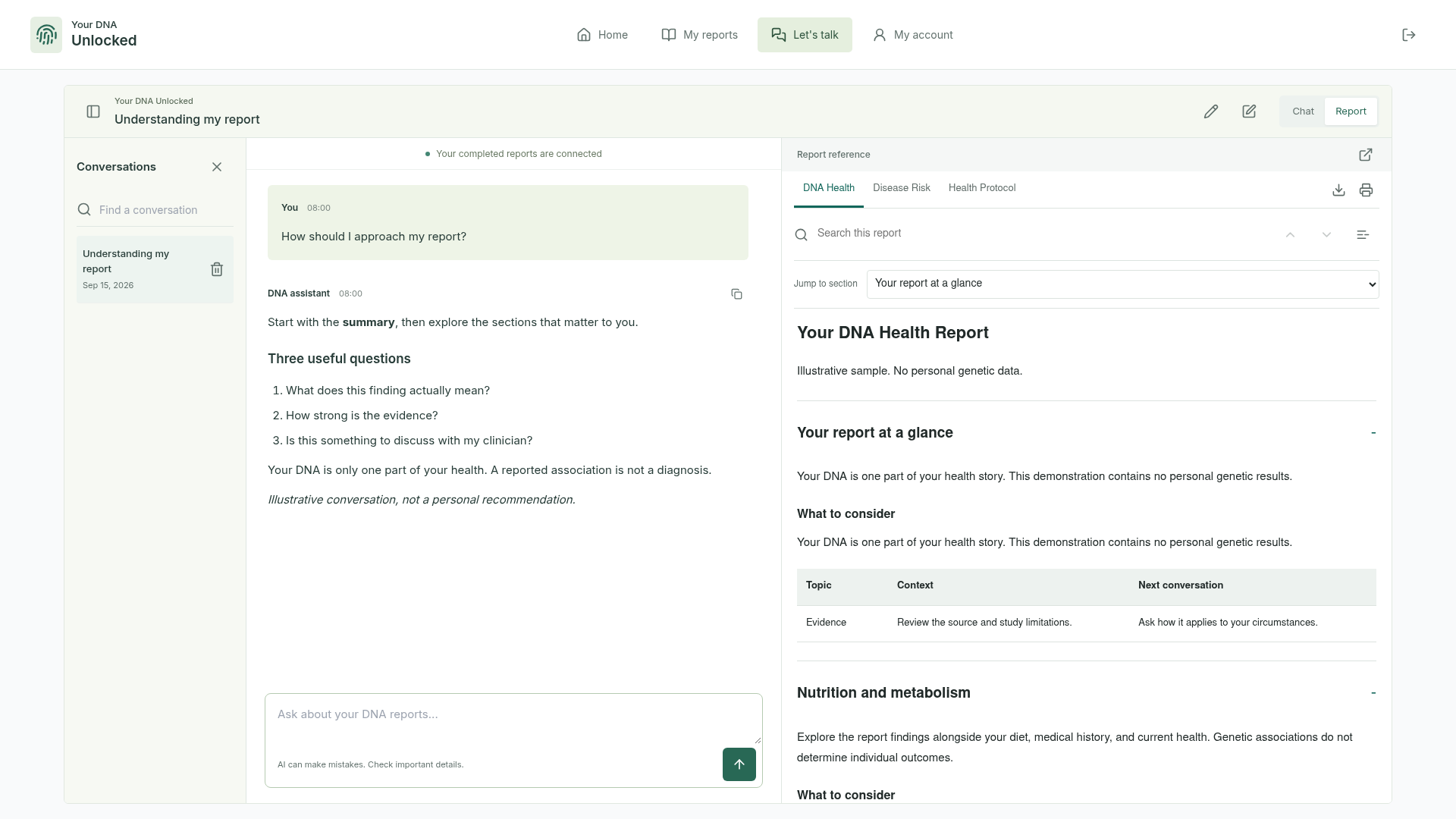 Your DNA Unlocked conversation with saved chats on the left and a report alongside the conversation